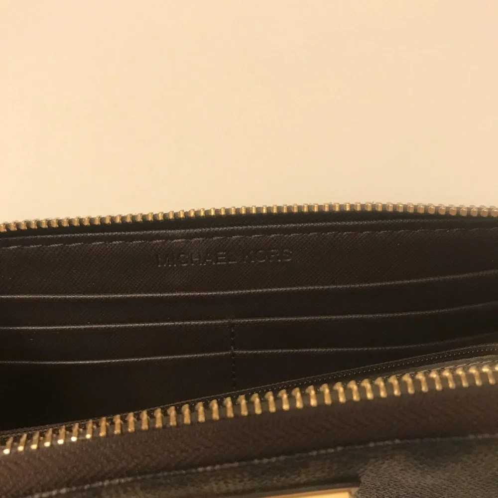 Michael Kors Black Logo Zip-Around Wallet with Gold Plaque